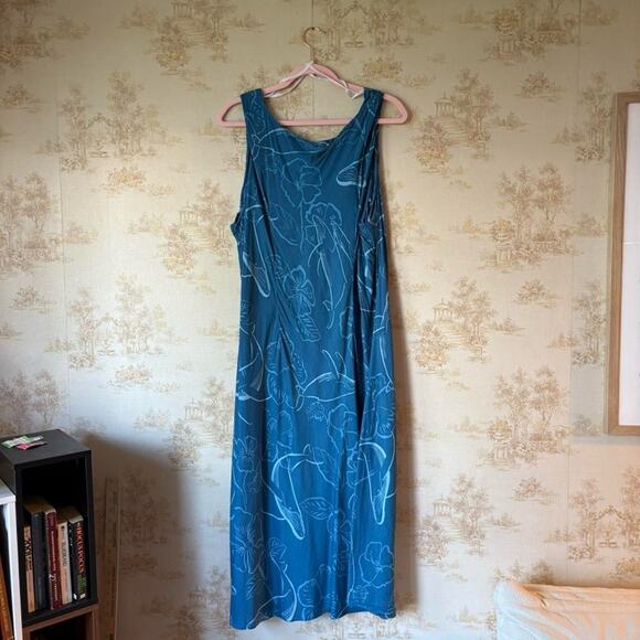 Vintage 90s blue whale hibiscus Hawaiian floral print tank maxi dress 2XL - Picture 2 of 4